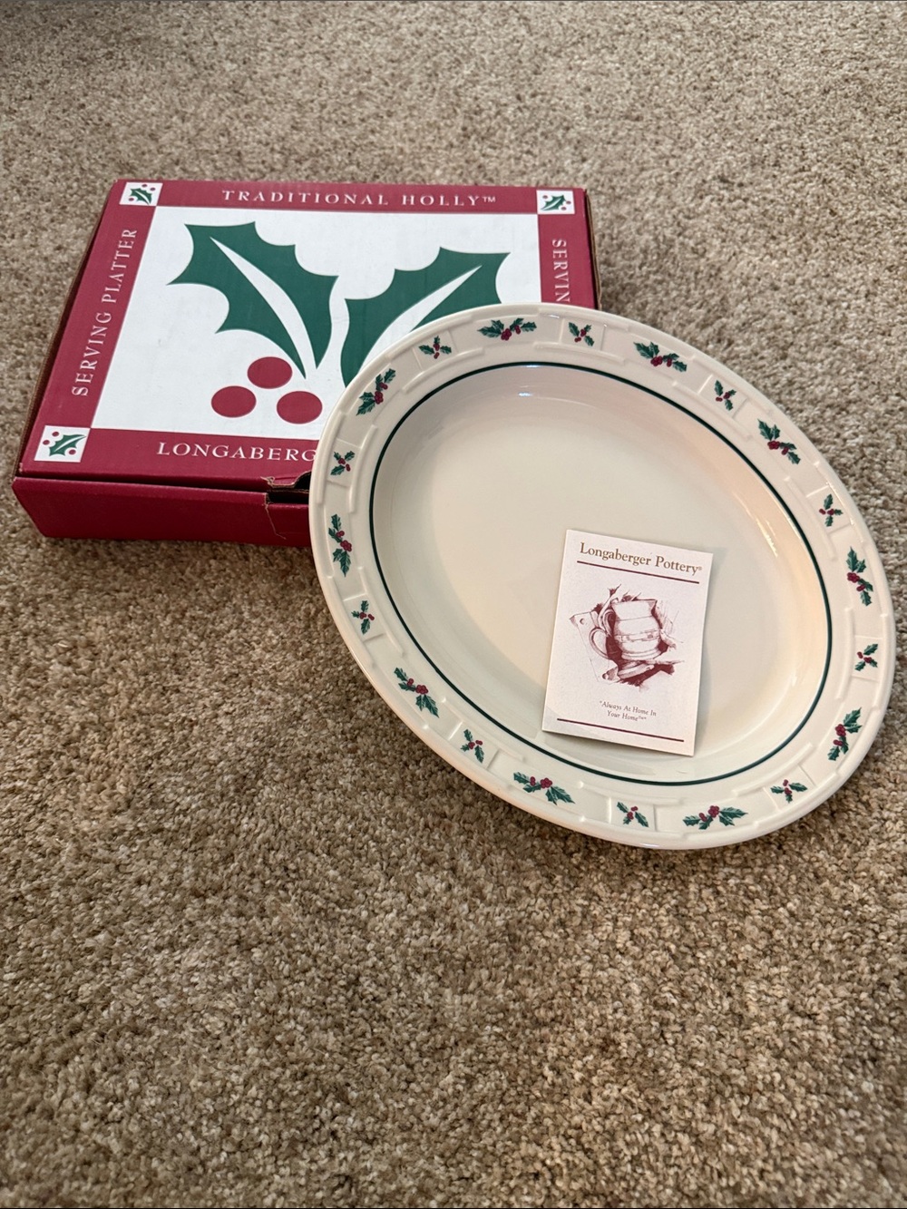 Longaberger Cream Holiday Holly Oval Serving Platter with Green and Red Accents